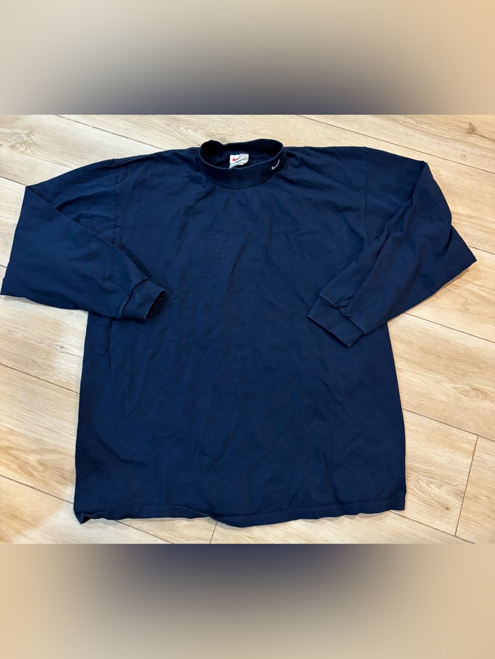 Vtg 90s Nike Mock Turtleneck Shirt XL Navy Blue 100% Cotton Swoosh Made in USA